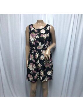 Three Pink Hearts Sleeveless Dress Sz 11 Ribbon Waist Black Pink Floral Romantic